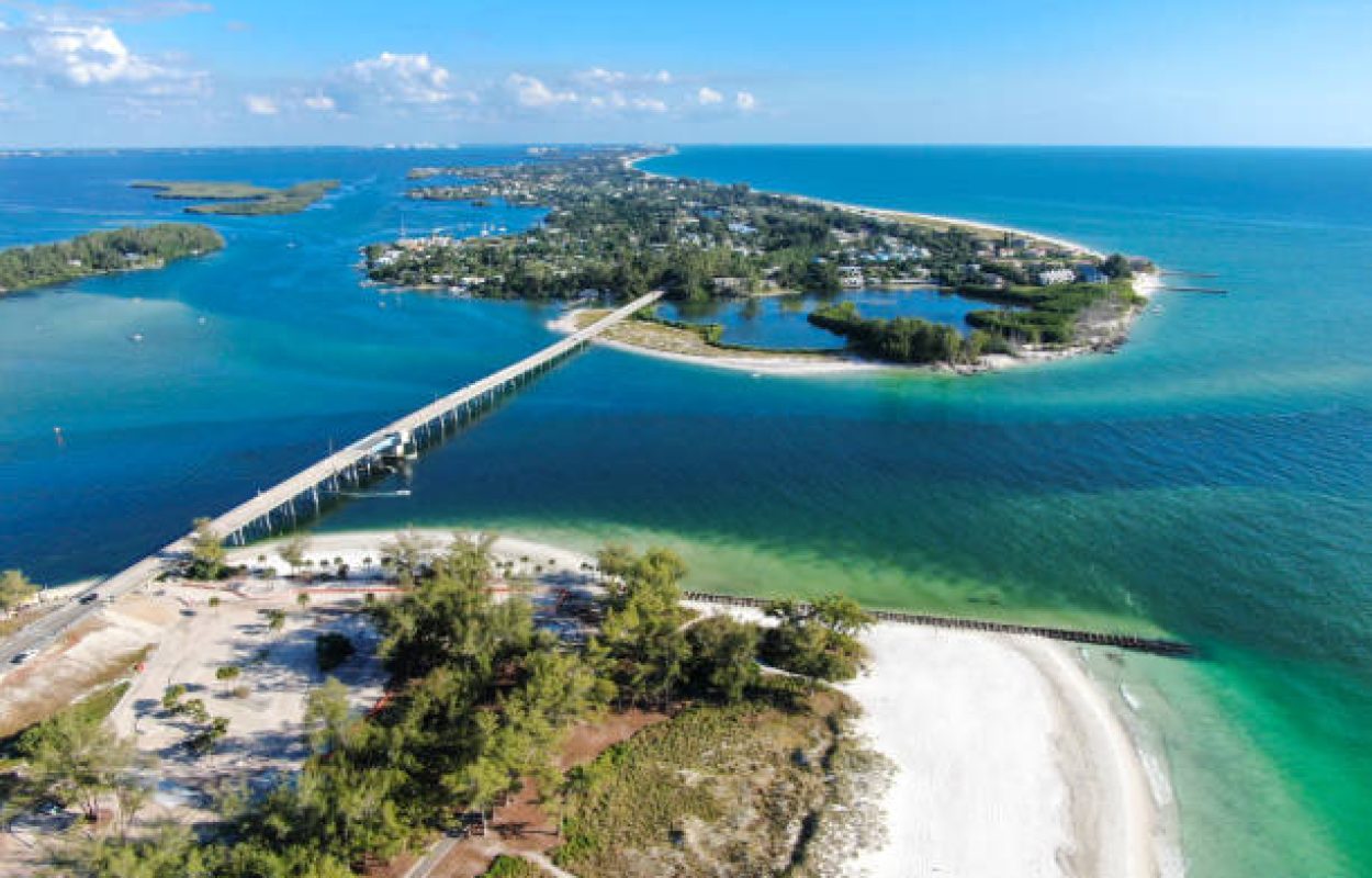 Aerial view of Longboat Key town and beaches in Manatee and Sarasota counties along the central west coast of the U.S. state of Florida.