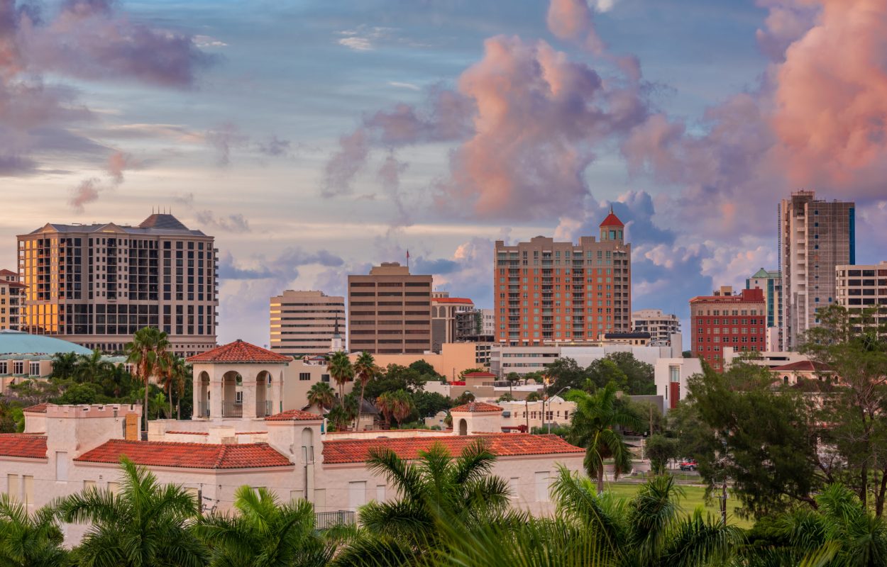 Sarasota, Florida, USA downtown city skyline at twilight.
