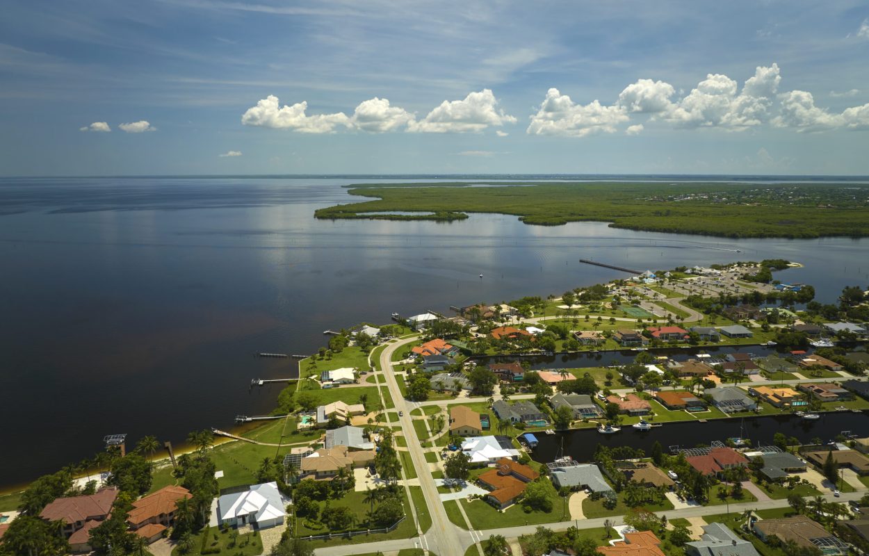 Aerial view of rural private houses in remote suburbs located on sea coast near Florida wildlife wetlands with green vegetation on gulf bay shore. Living close to nature in tropical region concept.